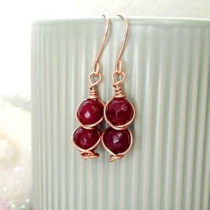 Boho Chic Garnet Crystal Dangle Earrings, Copper Gemstone Jewelry 1.5"